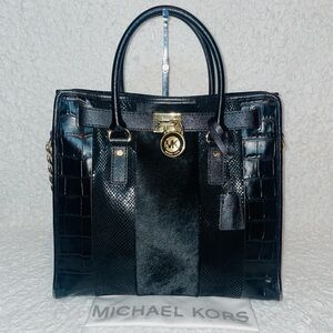 Michael Kors Hamilton Exotic Calf Hair Python Croc Embossed Leather Tote Black